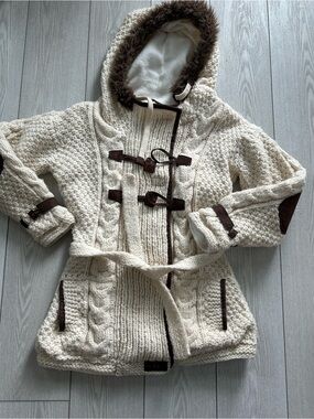 Urku Cream Cable Knit Hooded Toggle Coat with Faux Fur Trim Small